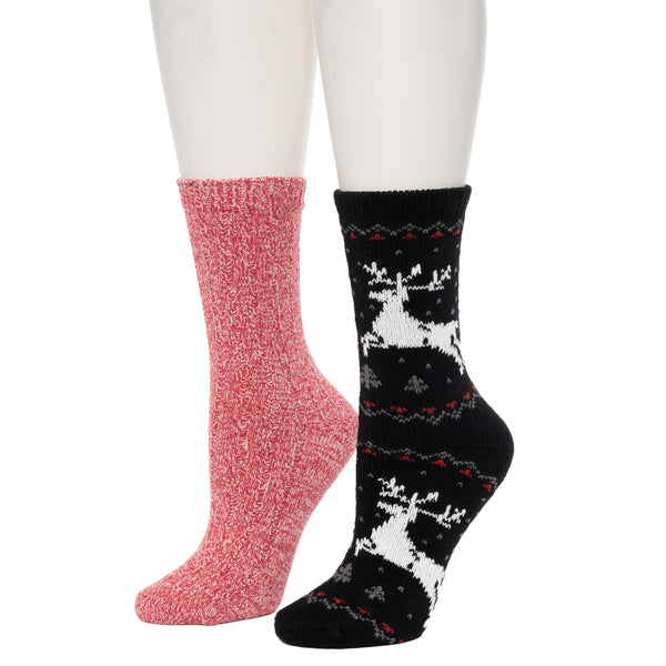 Cuddl Duds Reindeer Birdseye/Twist Rib Crew Sock 2 Pack Socks