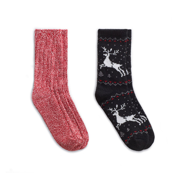 cuddl duds Reindeer Birdseye/Twist Rib Crew Sock 2 Pack Socks