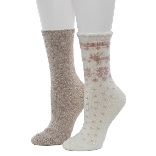 Cuddl Duds Scallop Edge Snowflake Reindeer Crew Sock 2-Pack Socks