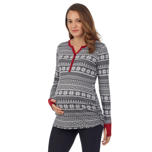 Cuddl Duds Stretch Thermal Maternity Long Sleeve Split V-Neck Henley Women