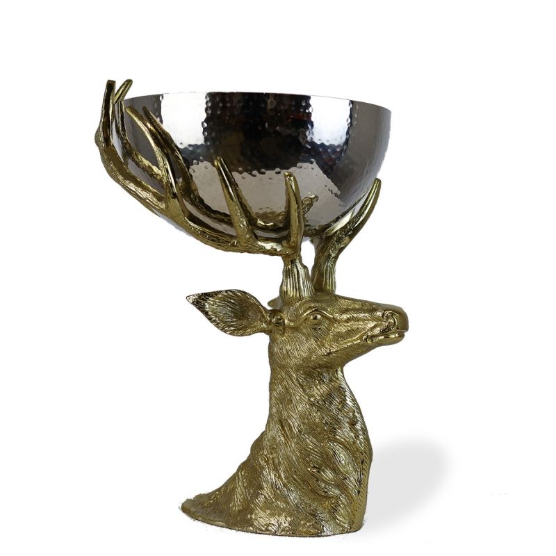 culinary concepts Antique Gold Stag Head with Hammered Metal Bowl