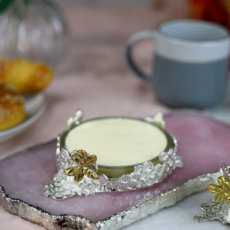 Culinary Concepts Bee Honeycomb Large Silver-Plated Butter Dish/Coaster With Glass Insert