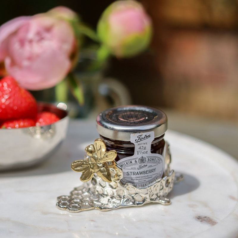 Culinary Concepts Bee Honeycomb Small Silver-Plated Butter Dish/Mini Jar Coaster With Glass Insert