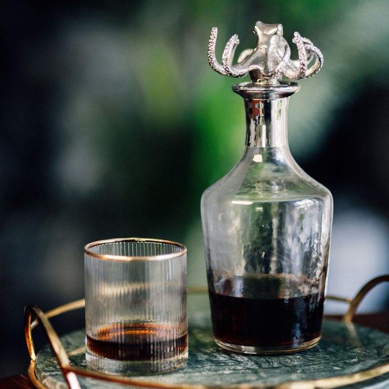 Culinary Concepts Glass Bell Decanter With Silver Neck And Nickel Finish Octopus Stopper