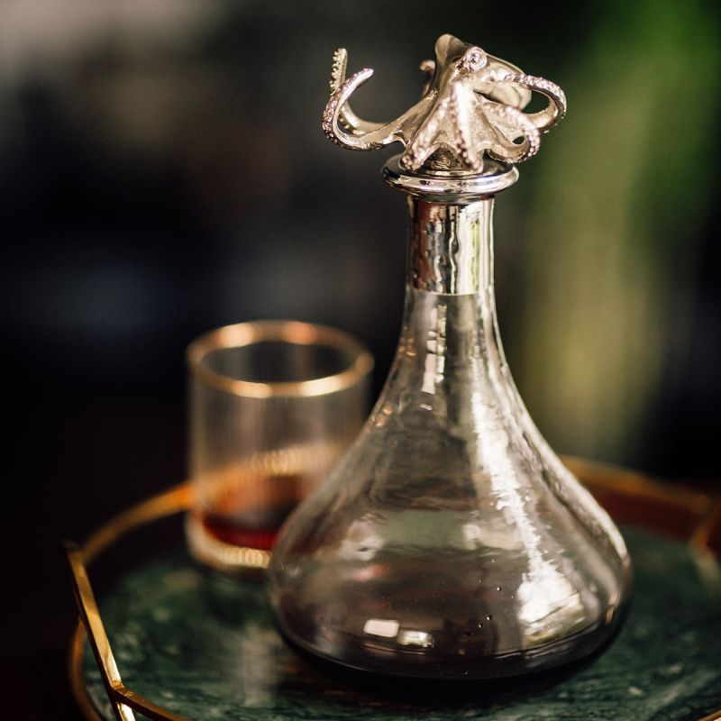Culinary Concepts Glass Ships Decanter With Nickel Finish Octopus Stopper