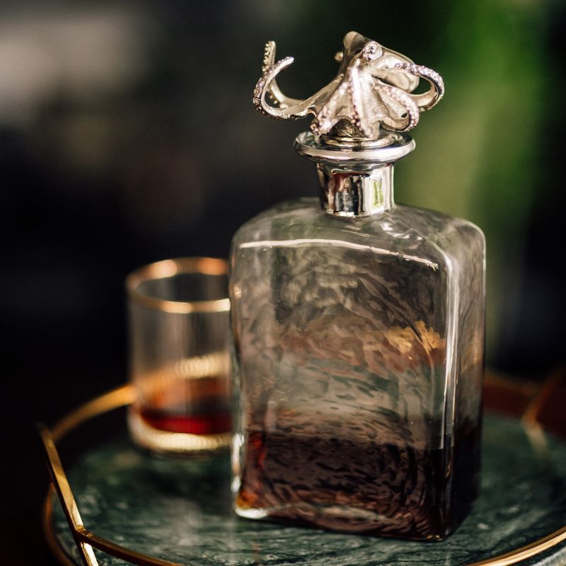 Culinary Concepts Glass Square Decanter With Nickel Finish Octopus Stopper