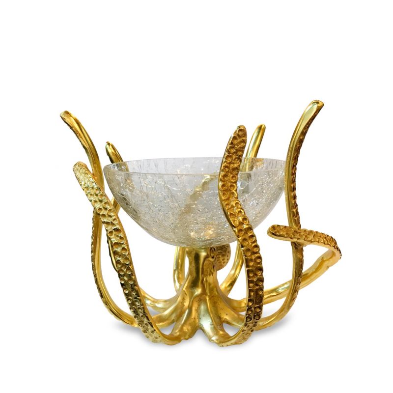 culinary concepts Gold Mini Octopus Stand & Crackle Glass Bowl