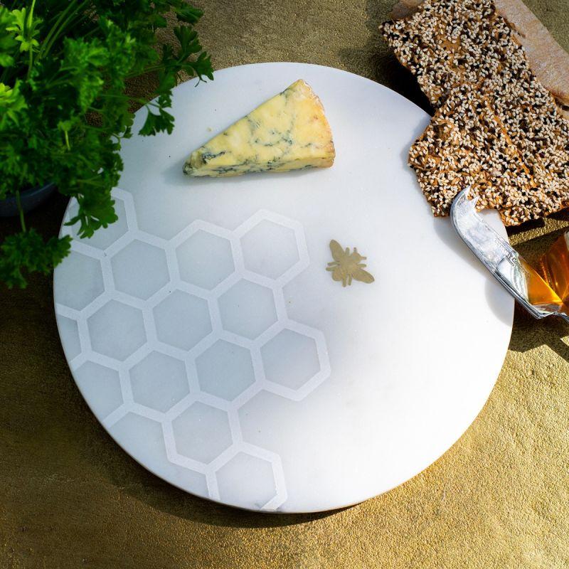Culinary Concepts Laser Etched Round Marble Cheese Board With Brass Bee