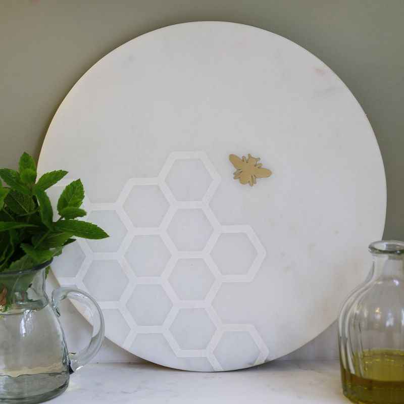 Culinary Concepts Laser Etched Round Marble Cheese Board With Brass Bee
