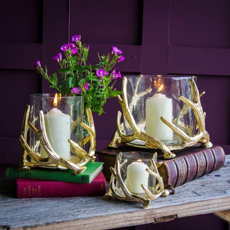 Culinary Concepts Medium Antler Hurricane With Hammered Glass - Gold Finish