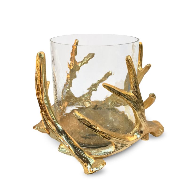 culinary concepts Medium Antler Hurricane with Hammered Glass - Gold Finish