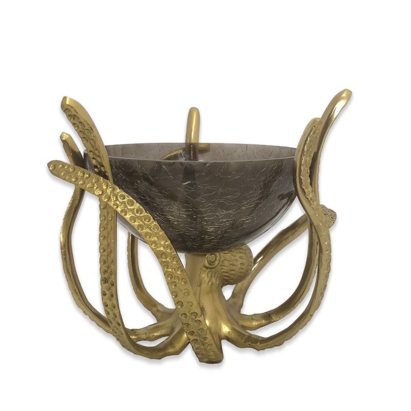 culinary concepts Mini Gold Octopus Stand With Dark Crackle Glass Bowl