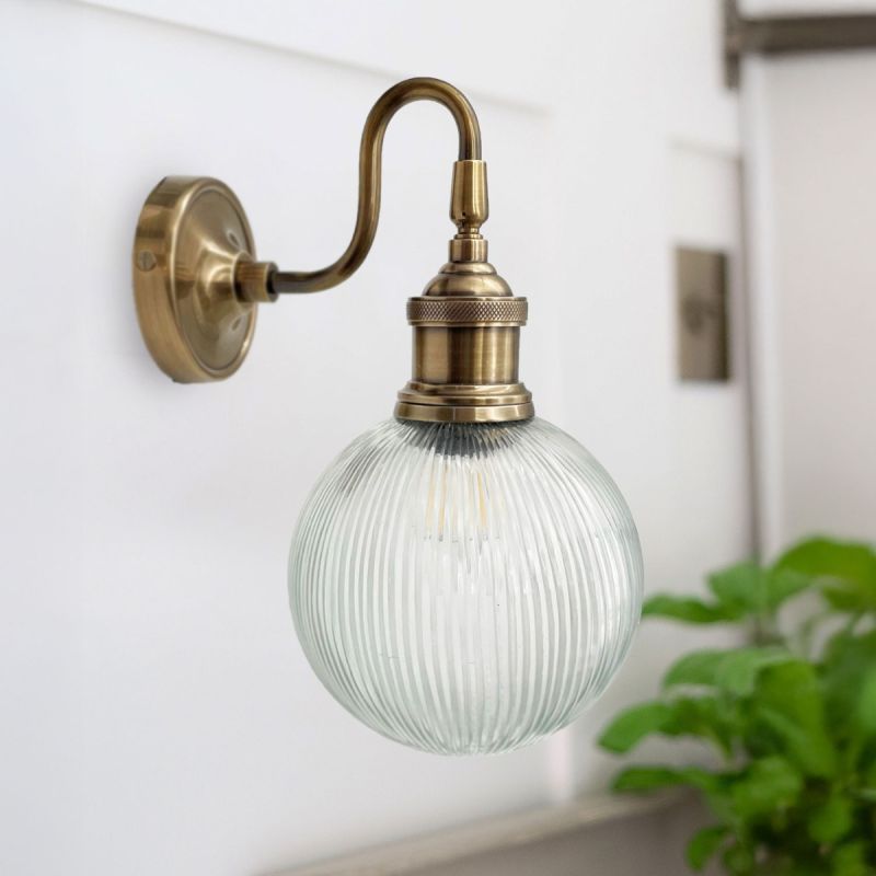 culinary concepts Mini Prohibition Curve Wall Fitment Antique Brass with Ribbed Glass Sphere Shade