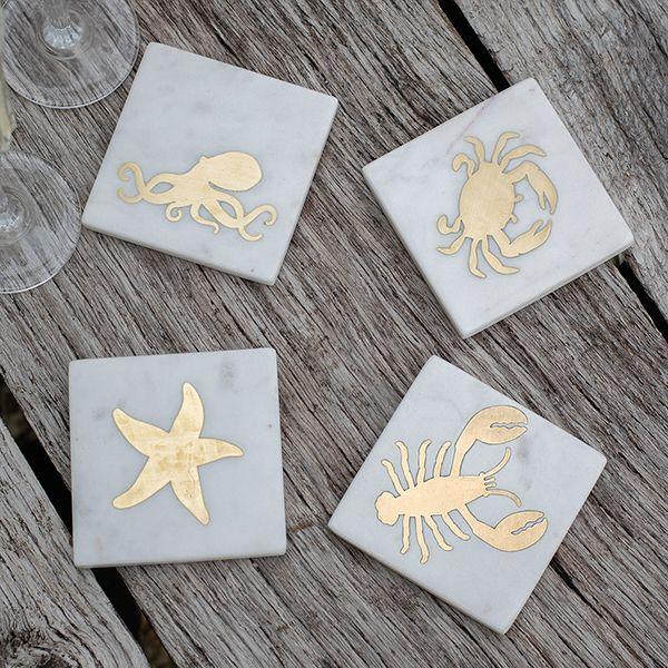 Culinary Concepts Mixed Set Of 4 Seashore Marble Coasters With Brass Designs