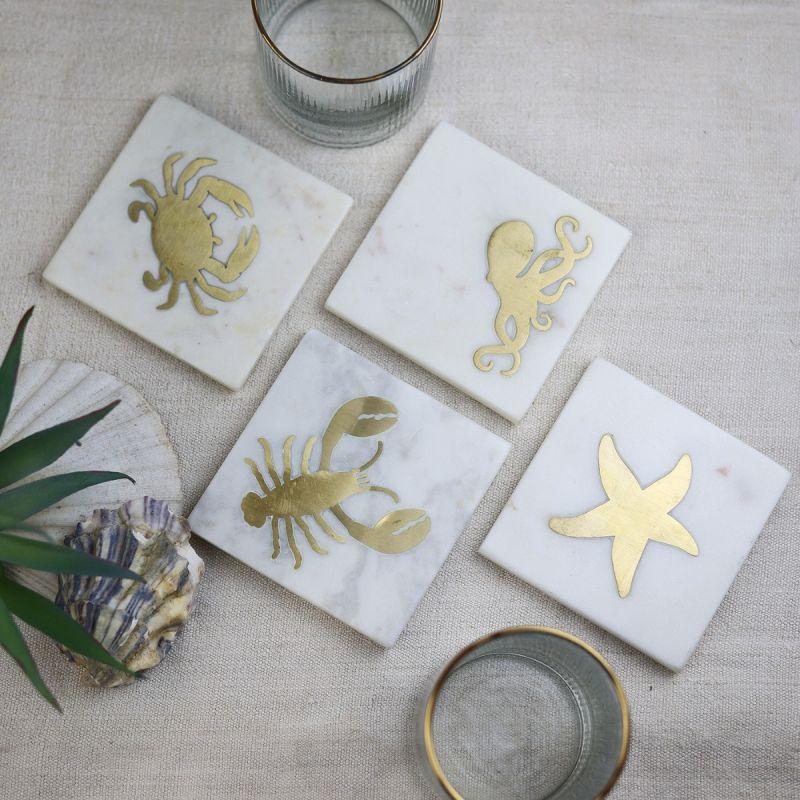 Culinary Concepts Mixed Set Of 4 Seashore Marble Coasters With Brass Designs