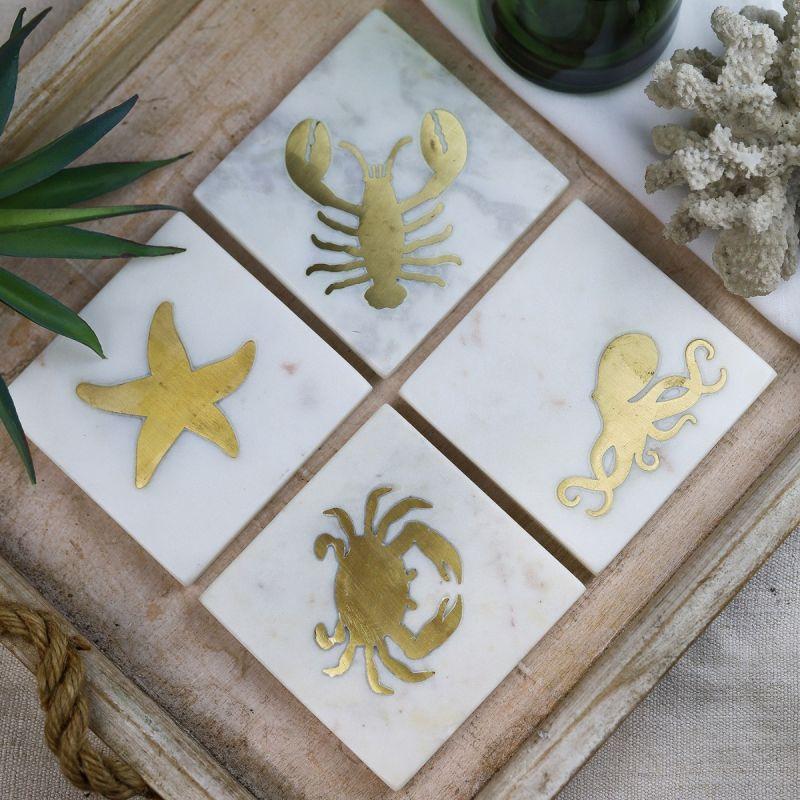 Culinary Concepts Mixed Set Of 4 Seashore Marble Coasters With Brass Designs
