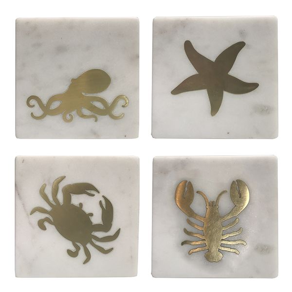 culinary concepts Mixed Set of 4 Seashore Marble Coasters with Brass Designs