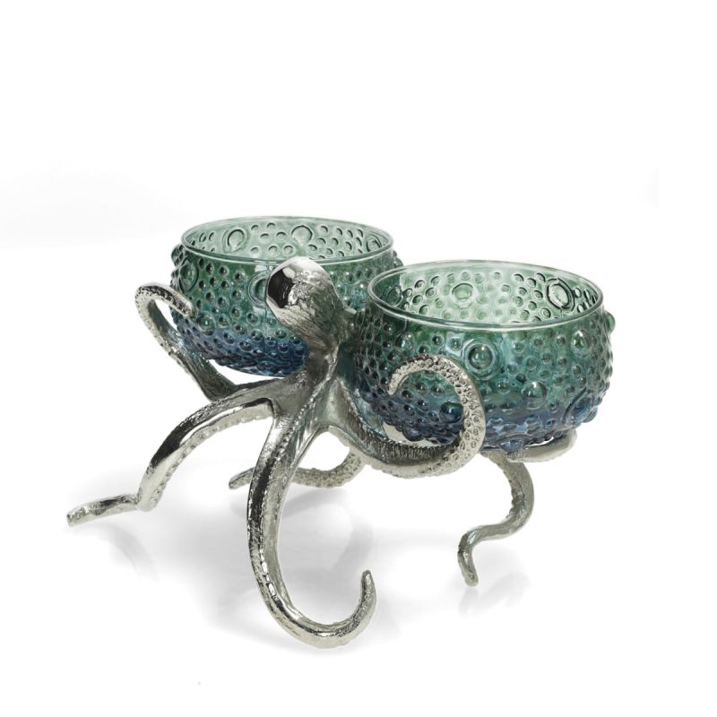 Culinary Concepts Octopus Holder With 2 Small Blue Green Glass Bowls