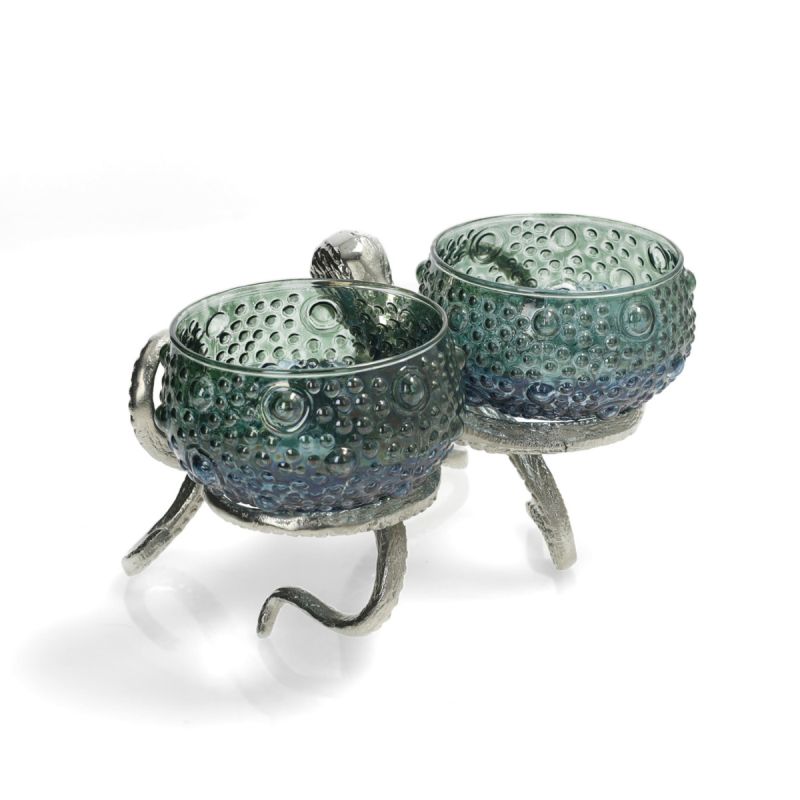 Culinary Concepts Octopus Holder With 2 Small Blue Green Glass Bowls