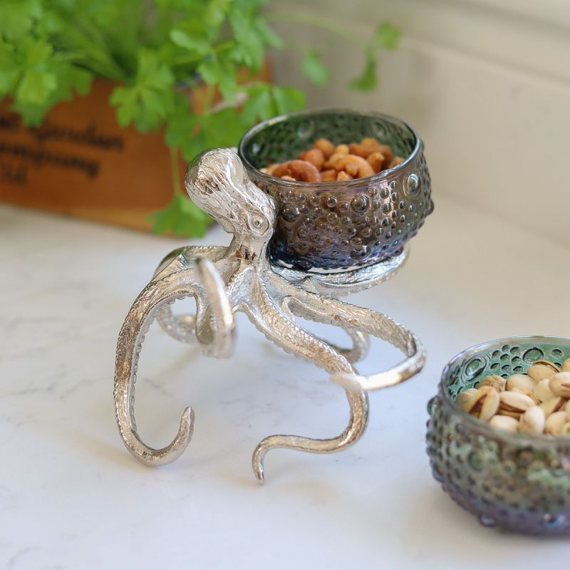 Culinary Concepts Octopus Holder With 2 Small Blue Green Glass Bowls