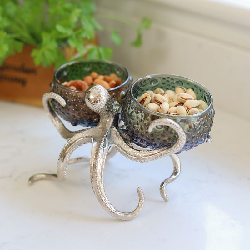 culinary concepts Octopus Holder with 2 Small Blue Green Glass Bowls