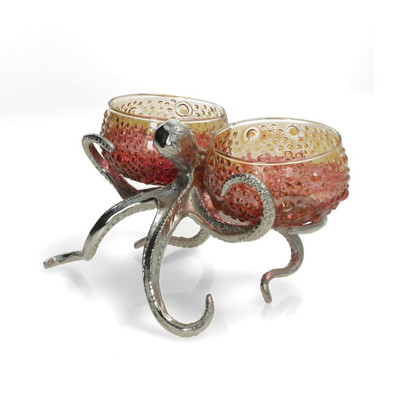 Culinary Concepts Octopus Holder With 2 Small Red Amber Glass Bowls