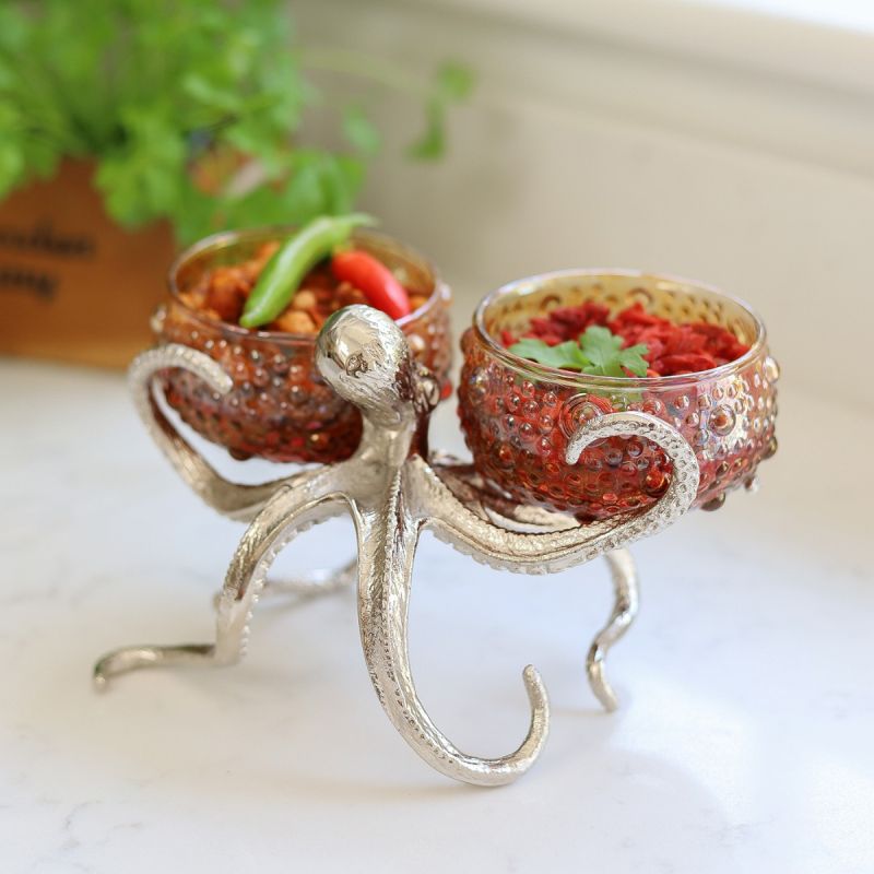 culinary concepts Octopus Holder with 2 Small Red Amber Glass Bowls