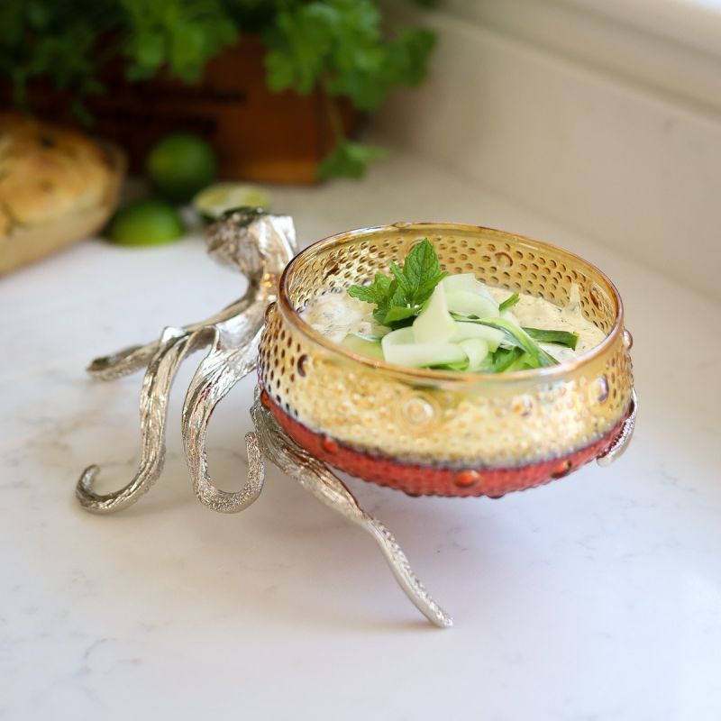 Culinary Concepts Octopus Holder With Large Red Amber Glass Bowl