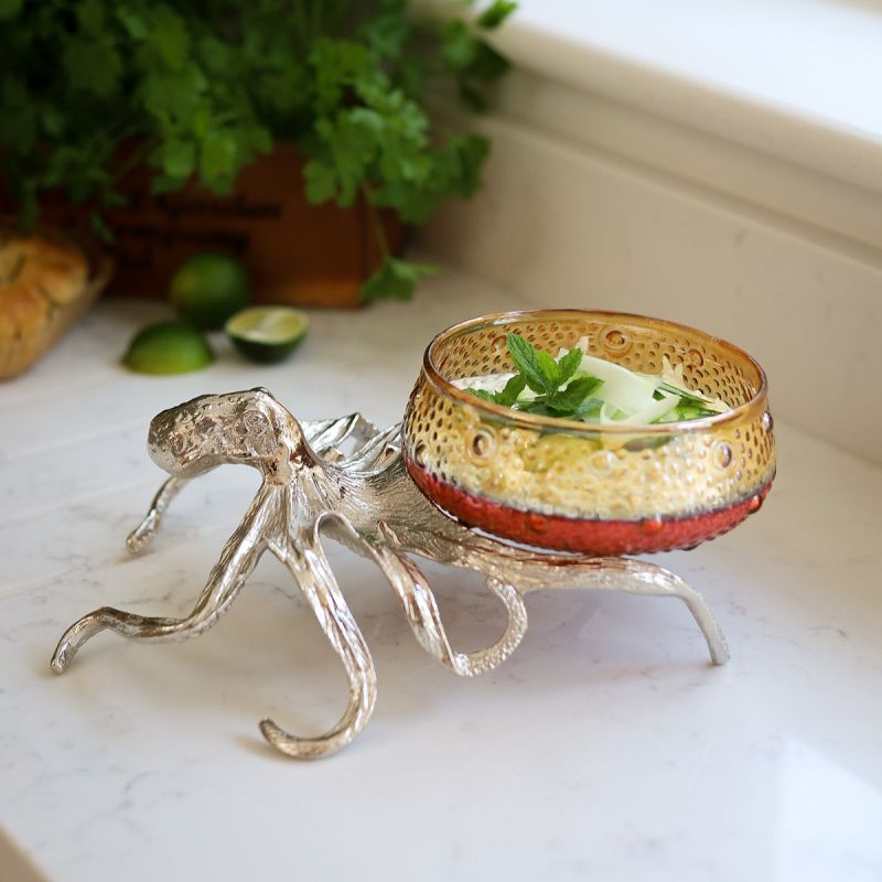 culinary concepts Octopus Holder with Large Red Amber Glass Bowl