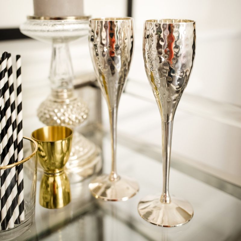 culinary concepts Pair of Silver-Plated Hammered Champagne Goblets