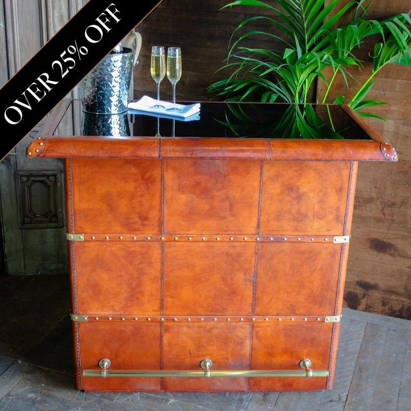 Culinary Concepts Panama Leather Bar Counter With Glass Top - Cognac