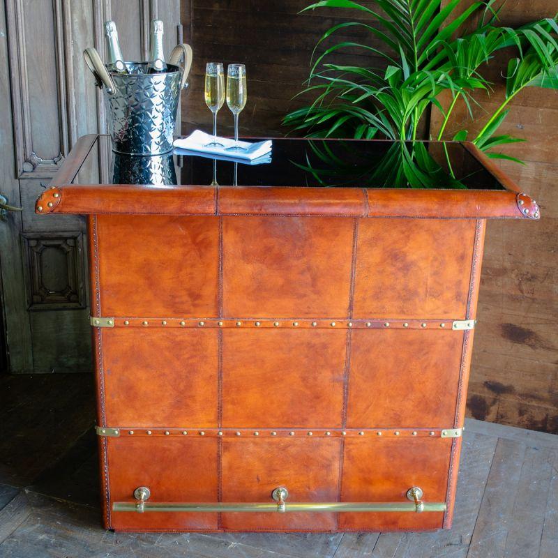 Culinary Concepts Panama Leather Bar Counter With Glass Top - Cognac