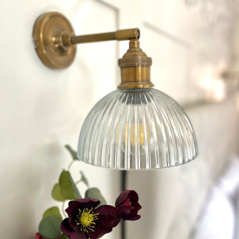 culinary concepts Prohibition Straight Wall Fitment in Antique Brass with Domed Ribbed Glass Shade