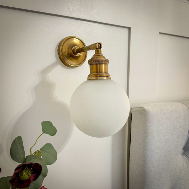 Culinary Concepts Prohibition Wall Fitment Antique Brass With White Globe Shade