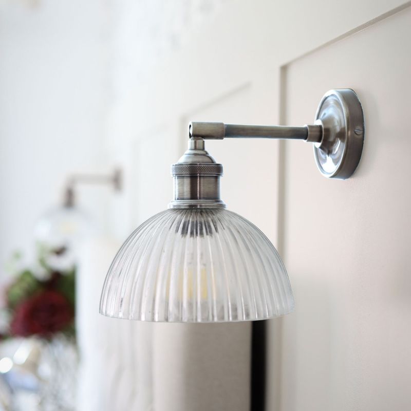 culinary concepts Prohibition Wall Fitment - Antique Silver - with Ribbed Domed Glass Shade