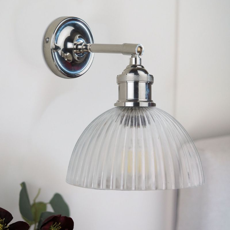 culinary concepts Prohibition Wall Fitment -Polished Nickel - with Ribbed Domed Glass Shade