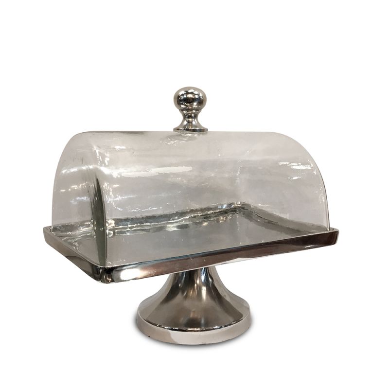culinary concepts Rectangular Cake Plate with Glass Dome - Shiny Nickel