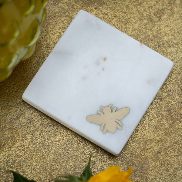 Culinary Concepts Set Of 4 Marble Coasters With Brass Bee