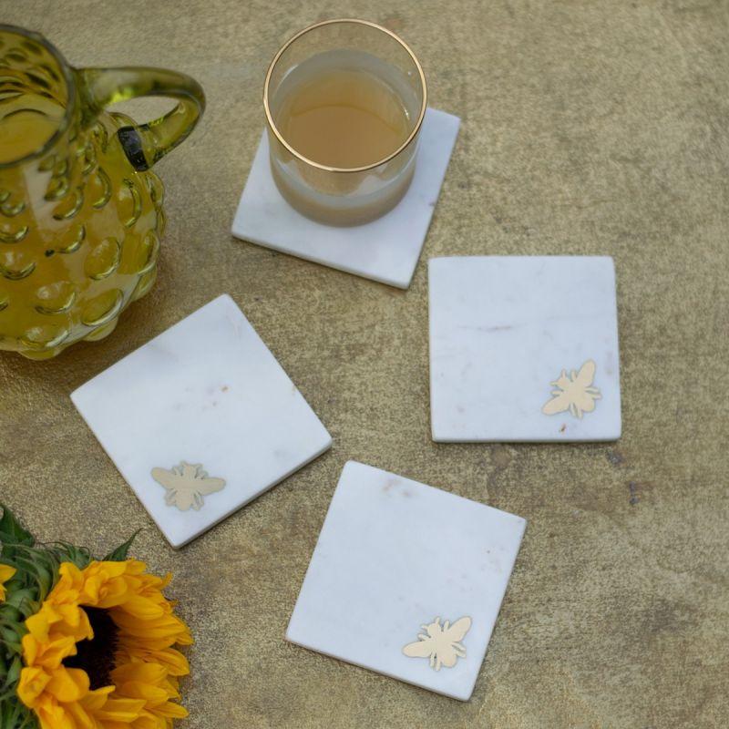 Culinary Concepts Set Of 4 Marble Coasters With Brass Bee