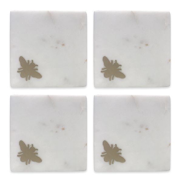 culinary concepts Set of 4 Marble Coasters with Brass Bee