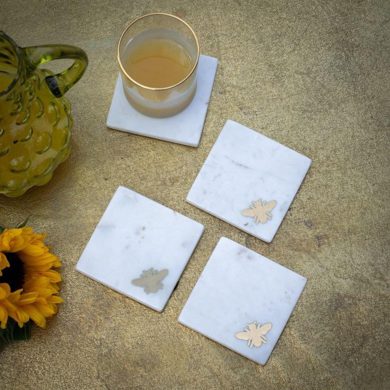Culinary Concepts Set Of 4 Marble Coasters With Brass Bee