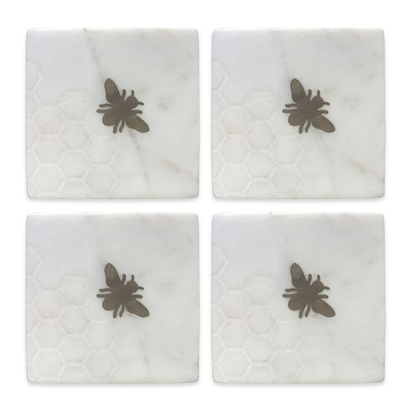 Culinary Concepts Set Of 4 Marble Laser Etched Coasters With Brass Bee