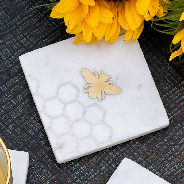 Culinary Concepts Set Of 4 Marble Laser Etched Coasters With Brass Bee