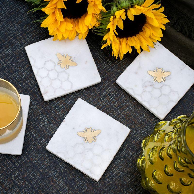 culinary concepts Set of 4 Marble Laser Etched Coasters with Brass Bee