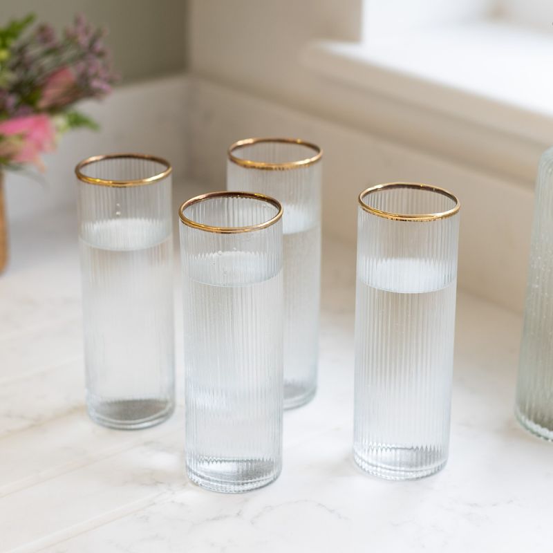 Culinary Concepts Set Of Four Ribbed Recycled Glass High Balls With Gold Rim | PERFECTLY IMPERFECT