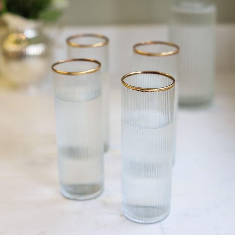 Culinary Concepts Set Of Four Ribbed Recycled Glass High Balls With Gold Rim | PERFECTLY IMPERFECT