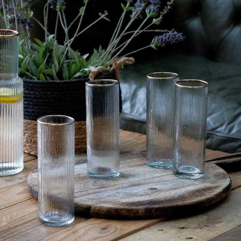 Culinary Concepts Set Of Four Ribbed Recycled Glass High Balls With Gold Rim | PERFECTLY IMPERFECT