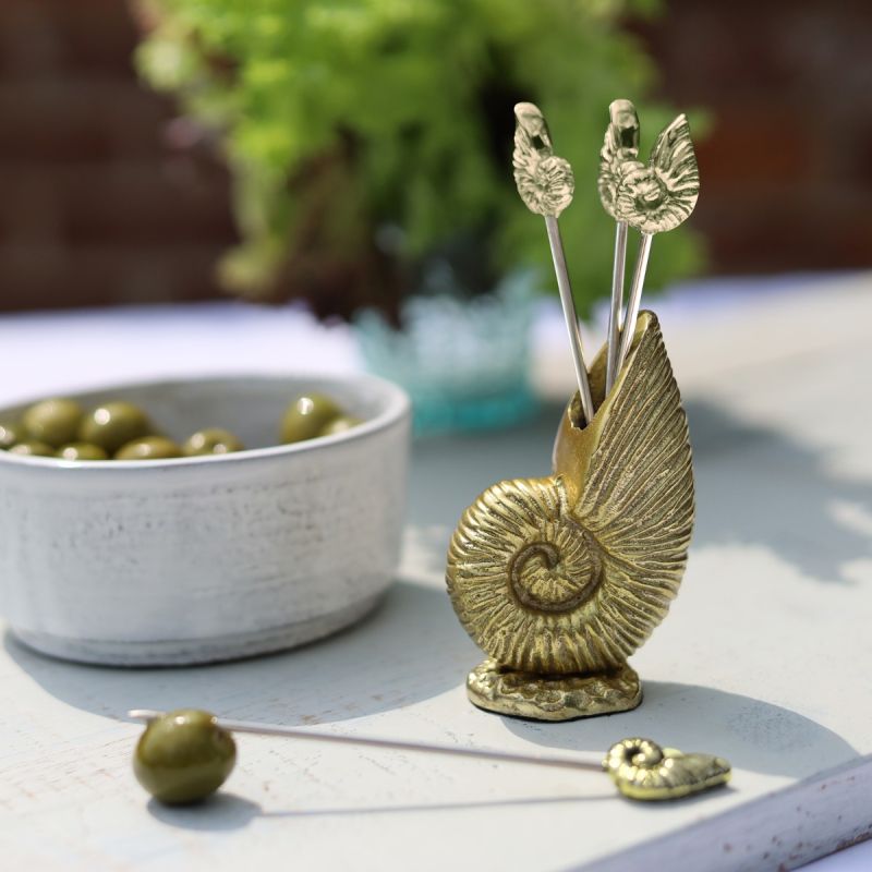 culinary concepts Set of Four Shell Cocktail Picks in Holder - Gold