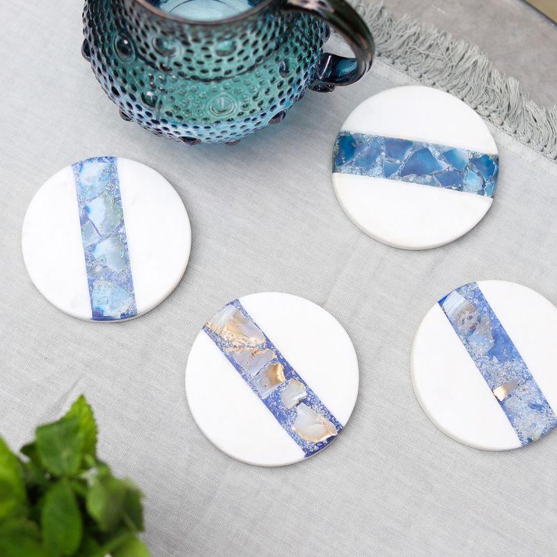 Culinary Concepts Set Of Four White Marble And Blue Agate Coasters