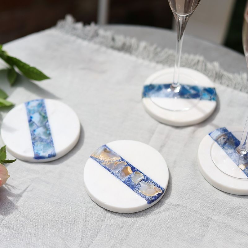 Culinary Concepts Set Of Four White Marble And Blue Agate Coasters